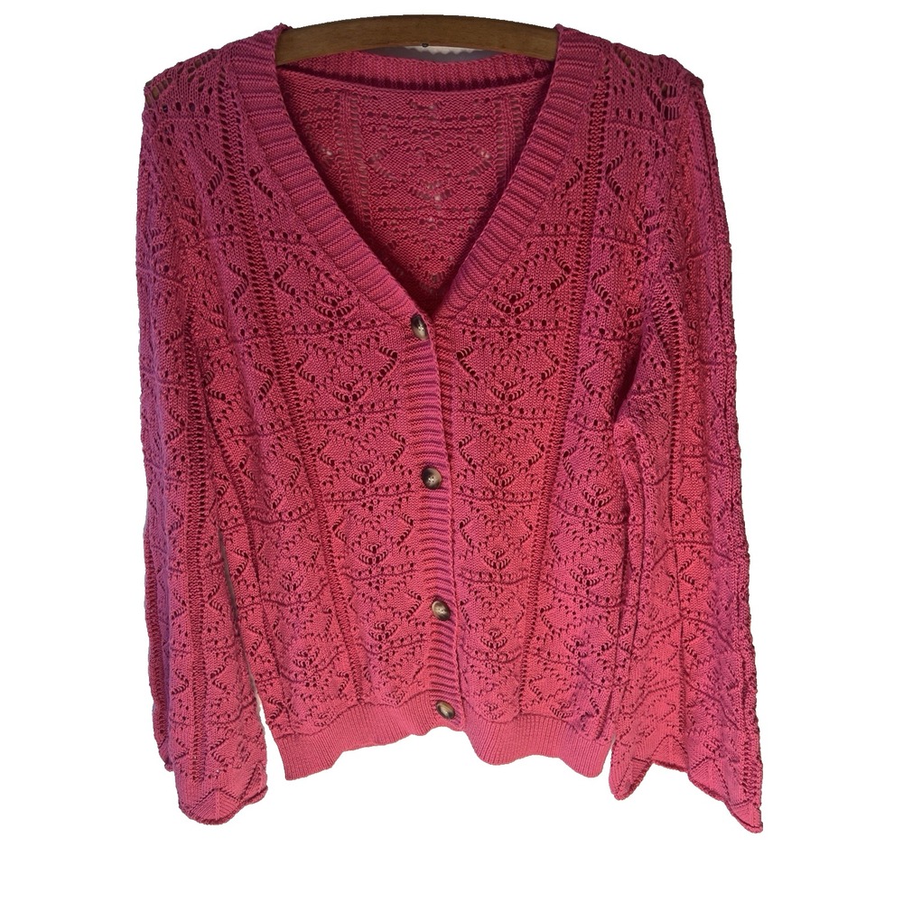 Pink Boho Knit Women Dusty Rose Bell Sleeve Cutout Sweater L  Crochet Cozy‎